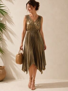 Betsey Johnson Gold Metallic Pleated Dress XL NWT V-Neck Cocktail Party Bridal